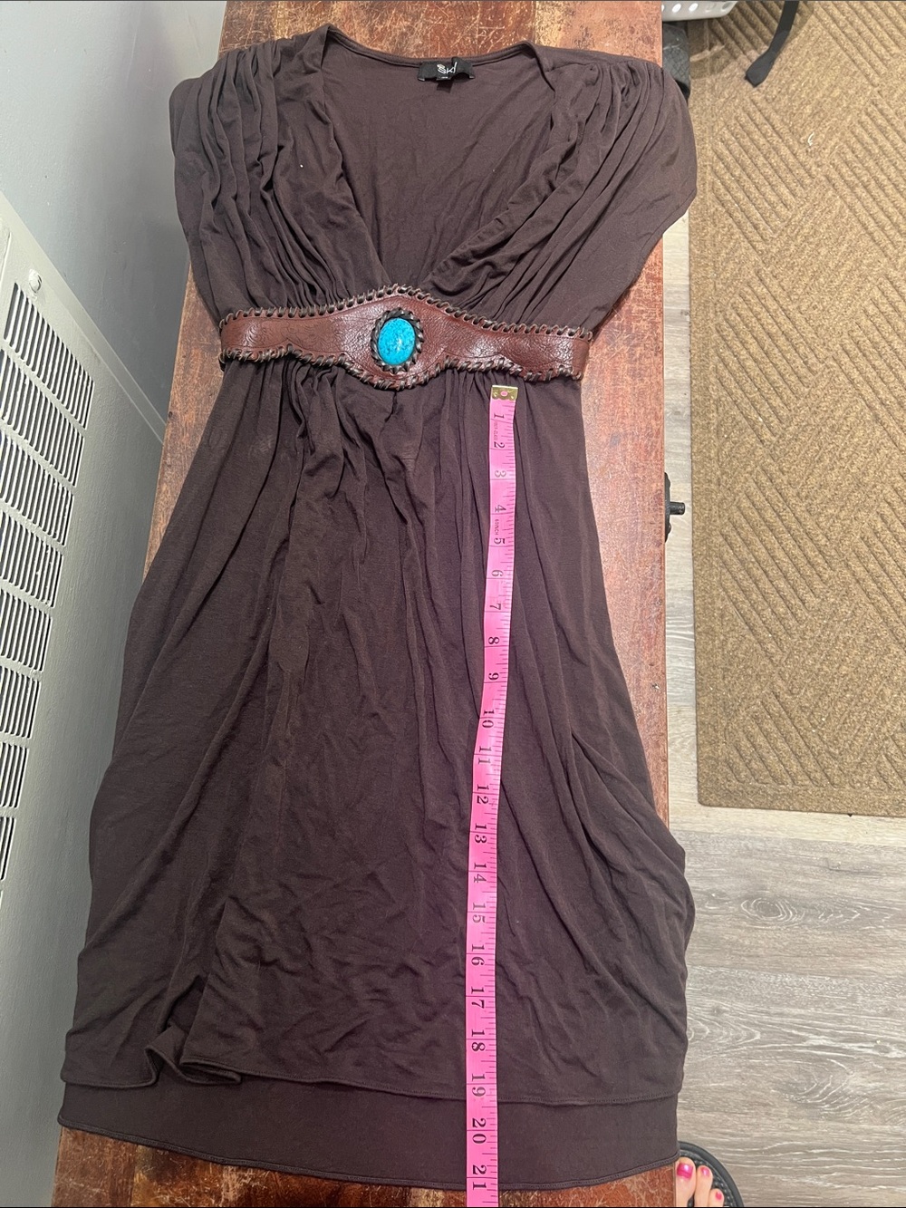 Sky Brown Midi Dress with Turquoise Accent Belt